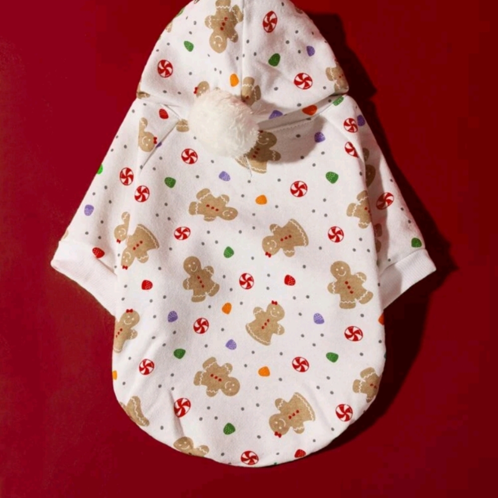 Christmas Gingerbread dog sweater Pom pom hoodie Medium
